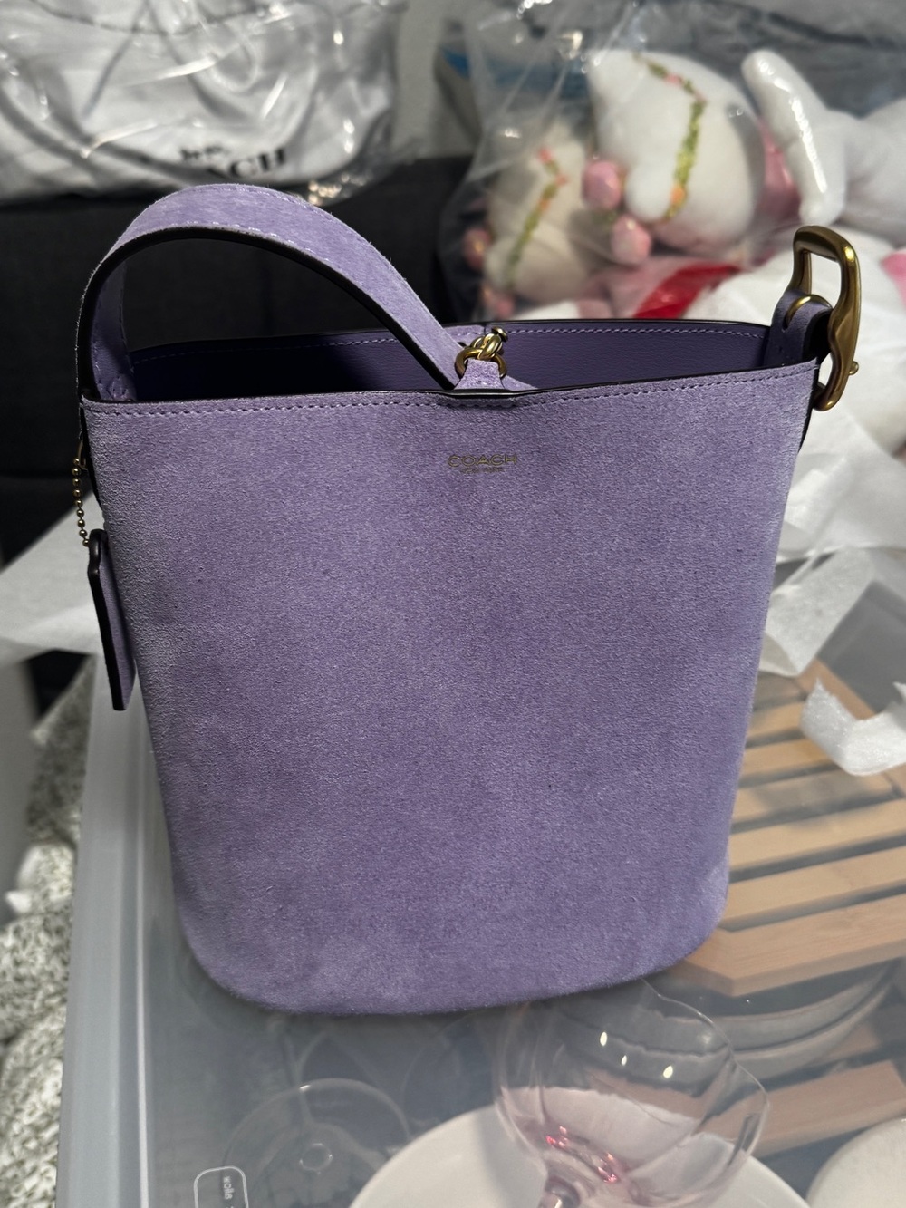 Coach Lavender Mist Suede Bleecker 21 Bucket Bag with Gold-Tone Hardware